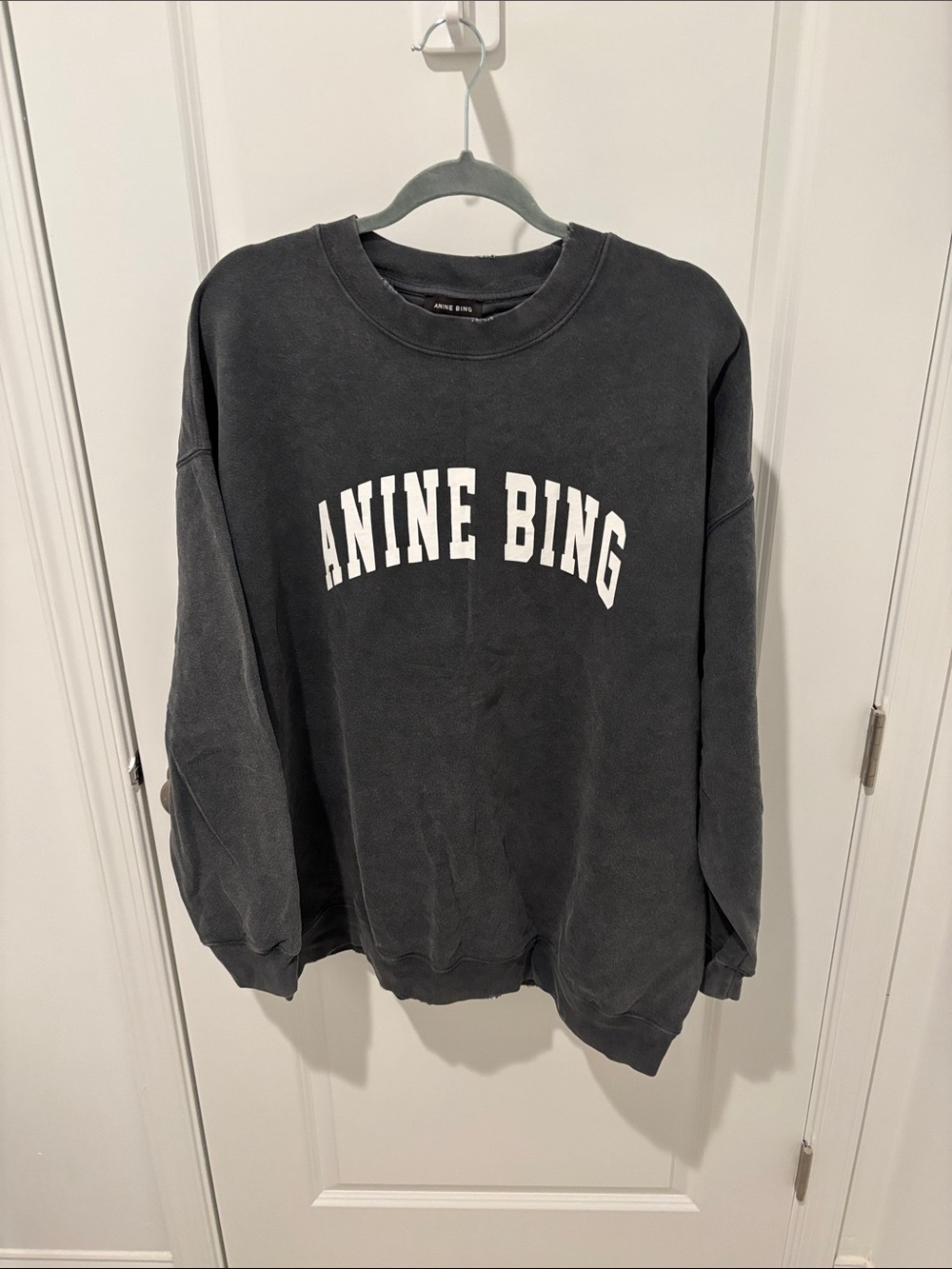Anine Bing Washed Black Crewneck Sweatshirt with White Logo